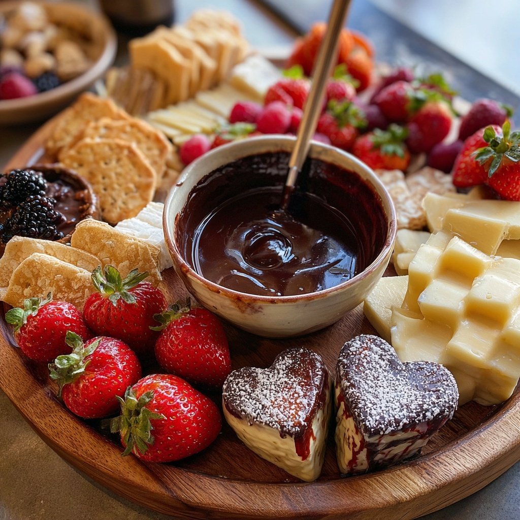 Valentines Charcuterie Board with Chocolate Fondue